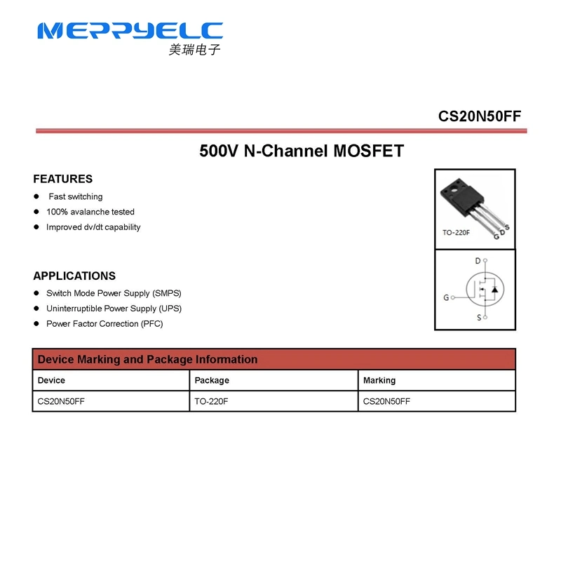 CS20N50FF TO-220F 500V 20A MOSFET DE CANAL N HV PLANO MOSFET VDMOS Diodo semiconductor