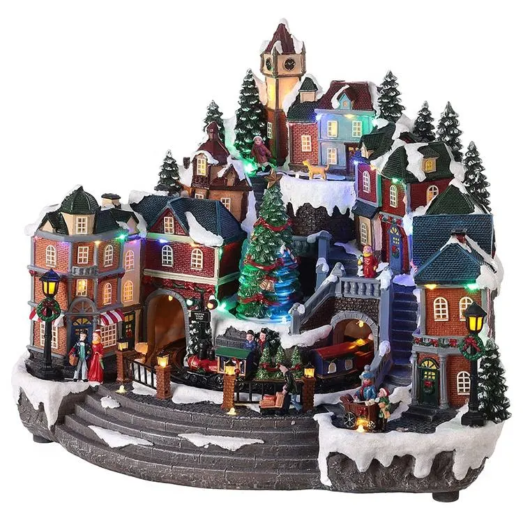 Holiday Snow House Decoration Polyresin Light Christmas Village Figurines Animated