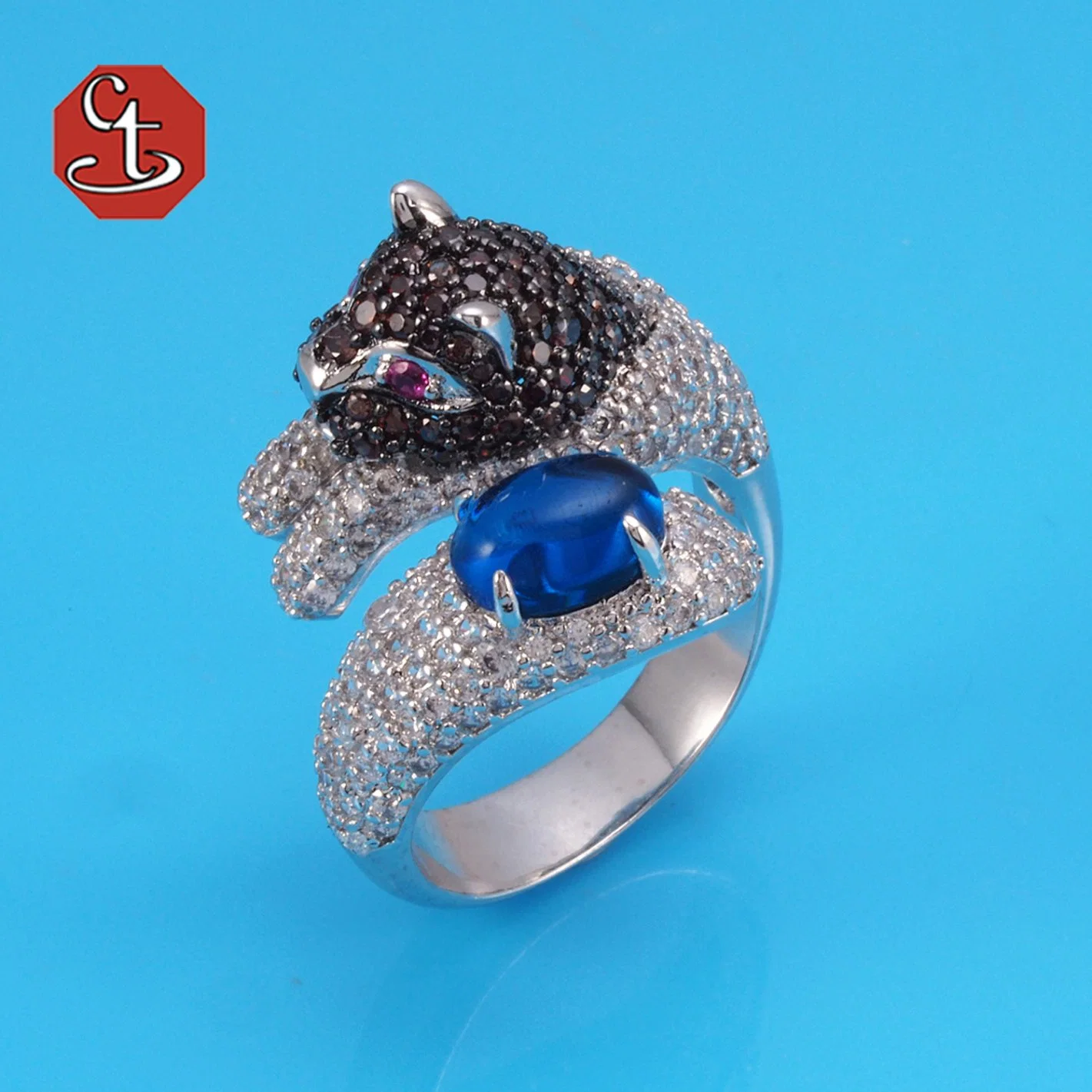 Moda Animal Leopard cabeza anillo Plata Joyas con blanco cz