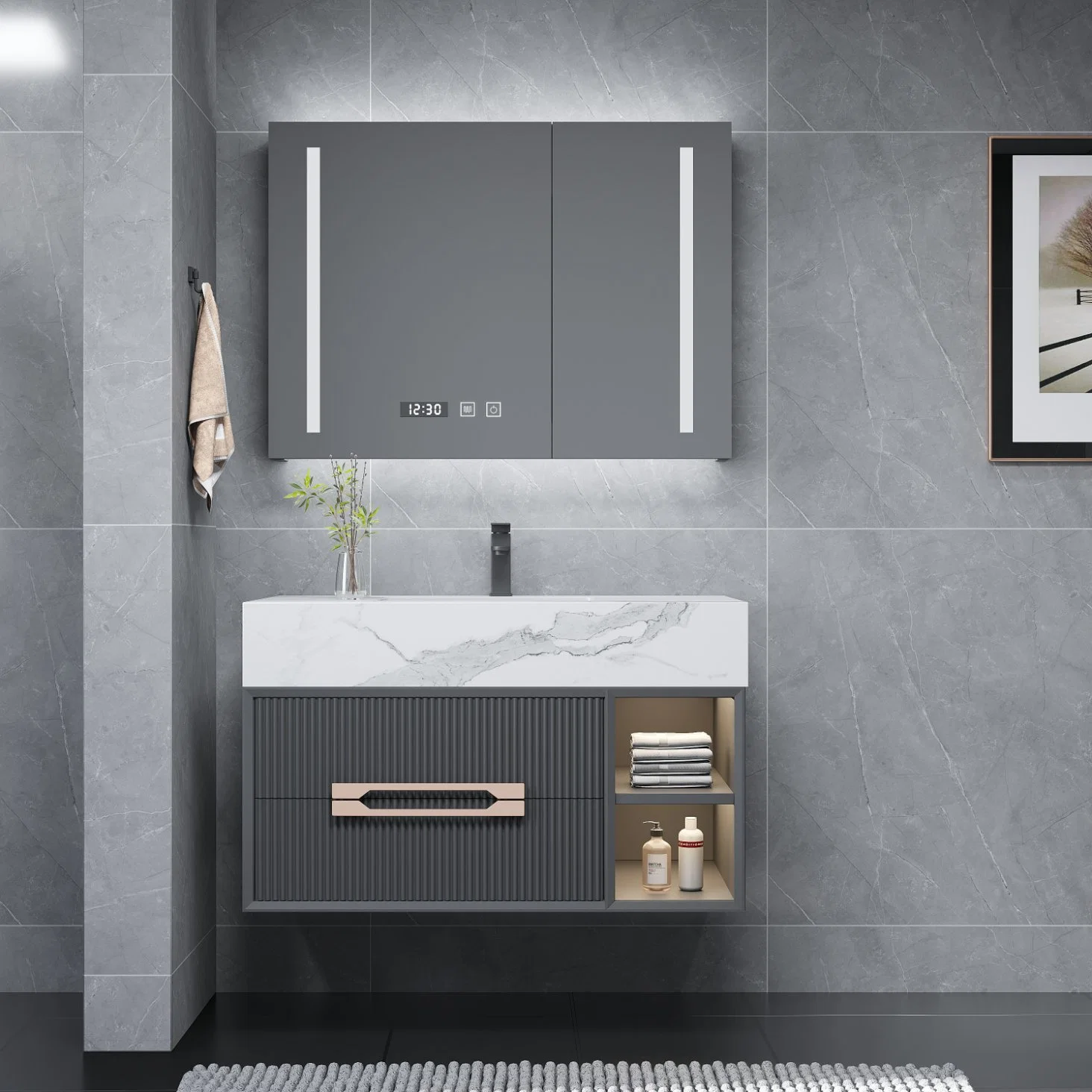 Grey Color Modern New Design Wall Mounted LED Lighted Mirror Bathroom Vanity Cabinet with Rock Plate Sink and Marble Top