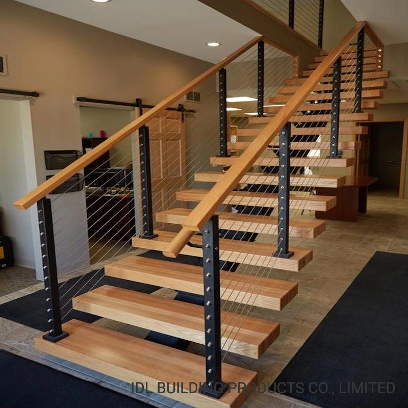 Idl Modern Indoor Metal Iron Straight Stair Mono Stair Stringer Floating Staircase Stainless Steel Handrail and Solid Wood Steps