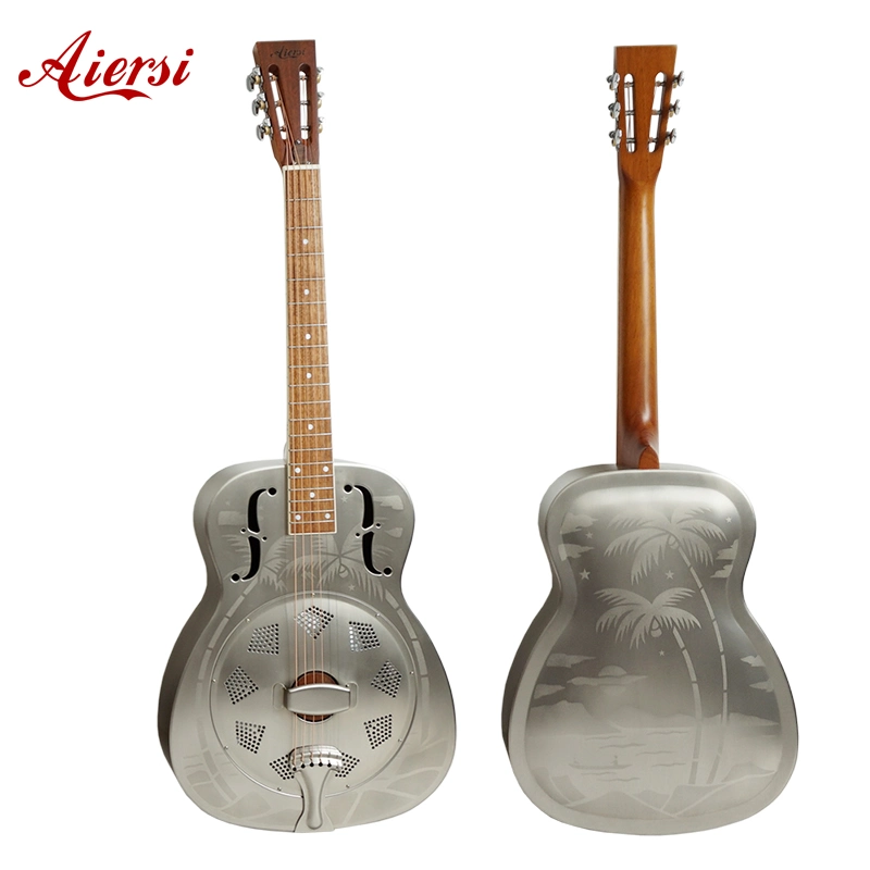 Aiersi Hawaii Tree Pattern Vintage Finish Metal Brass O Style Resonator Acoustic Guitar