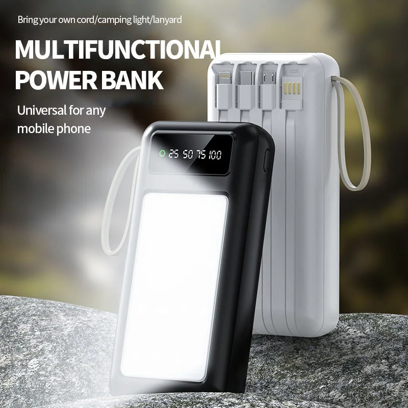 Bateria externa Power Bank de 30000 mAh com luzes para campismo Com os próprios 4 cabos logótipo OEM Power Bank