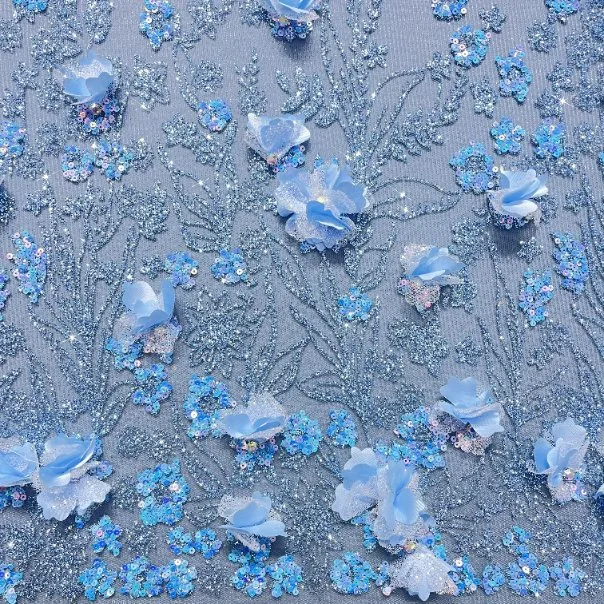 2023 Neu irisierend Blau 3D Blume Tülle Glitter Spitze Stoff Für Abendkleid