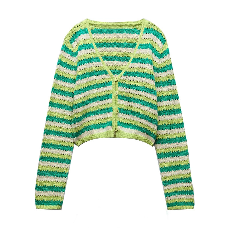 Custom Women V Neck Green Striped Color Cropped Eyelet de punto Cárdigan