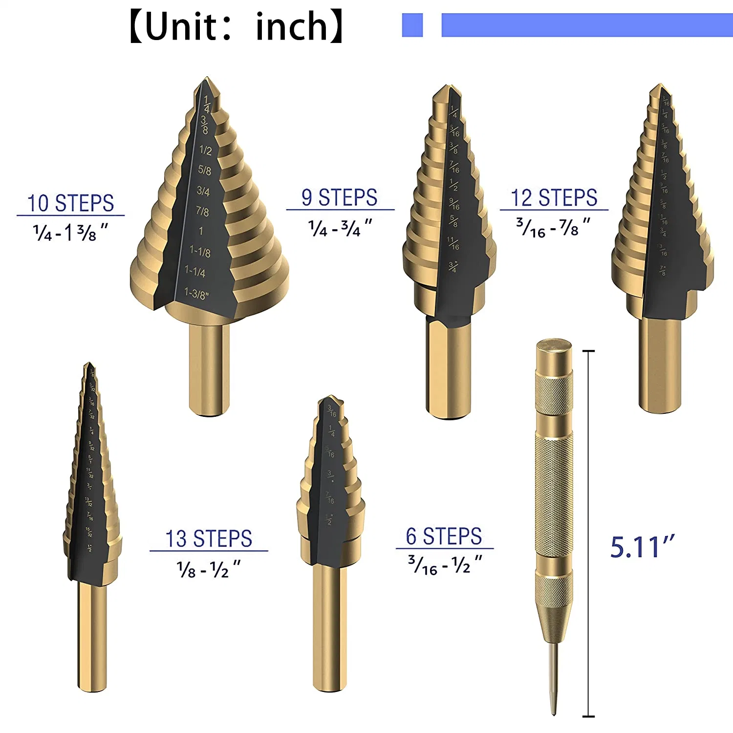 Étape de titane Foret HSS 5PCS HSS plusieurs trous de cobalt 50 tailles de foret de titane étape définie avec Pointeau automatique