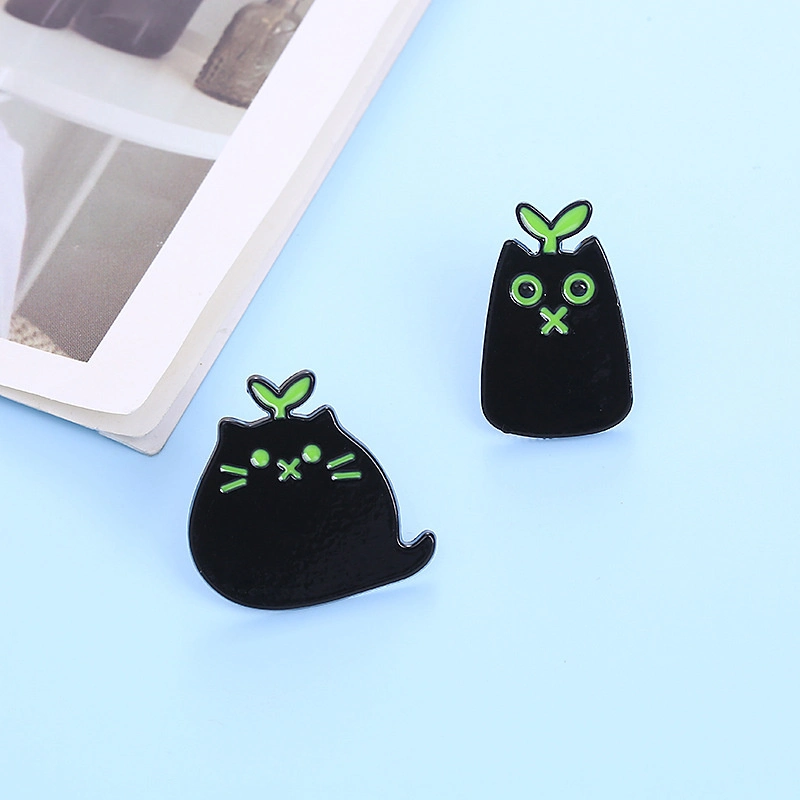 Custom Logo Cartoon Nerdy Black Animals Cute Green Sprouting Cats Shirt Backpack Accessories Gifts Alloy Metal Hard Soft Brooch Enamel Badge Lapel Pin