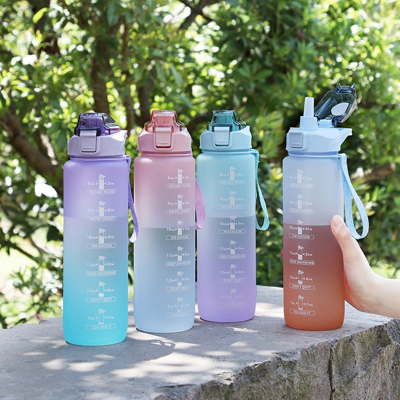 Graduated Plastic Color Coating Large Water Bottle with Motivational Time Marker with Straw