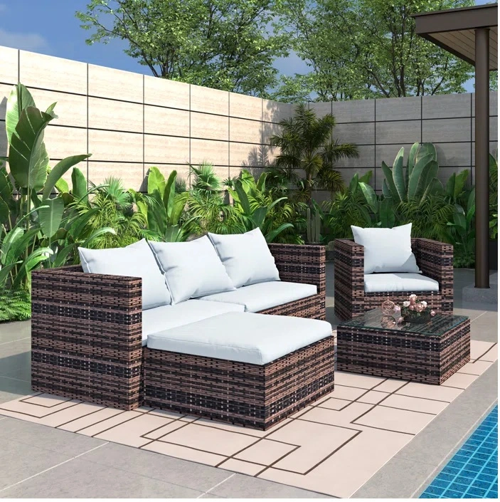 Patio Furniture Set 5 Seater Outdoor Wicker Sectional Sofa with Thick Cushions & Tempered Glass Table Patio Couch Conversation Set