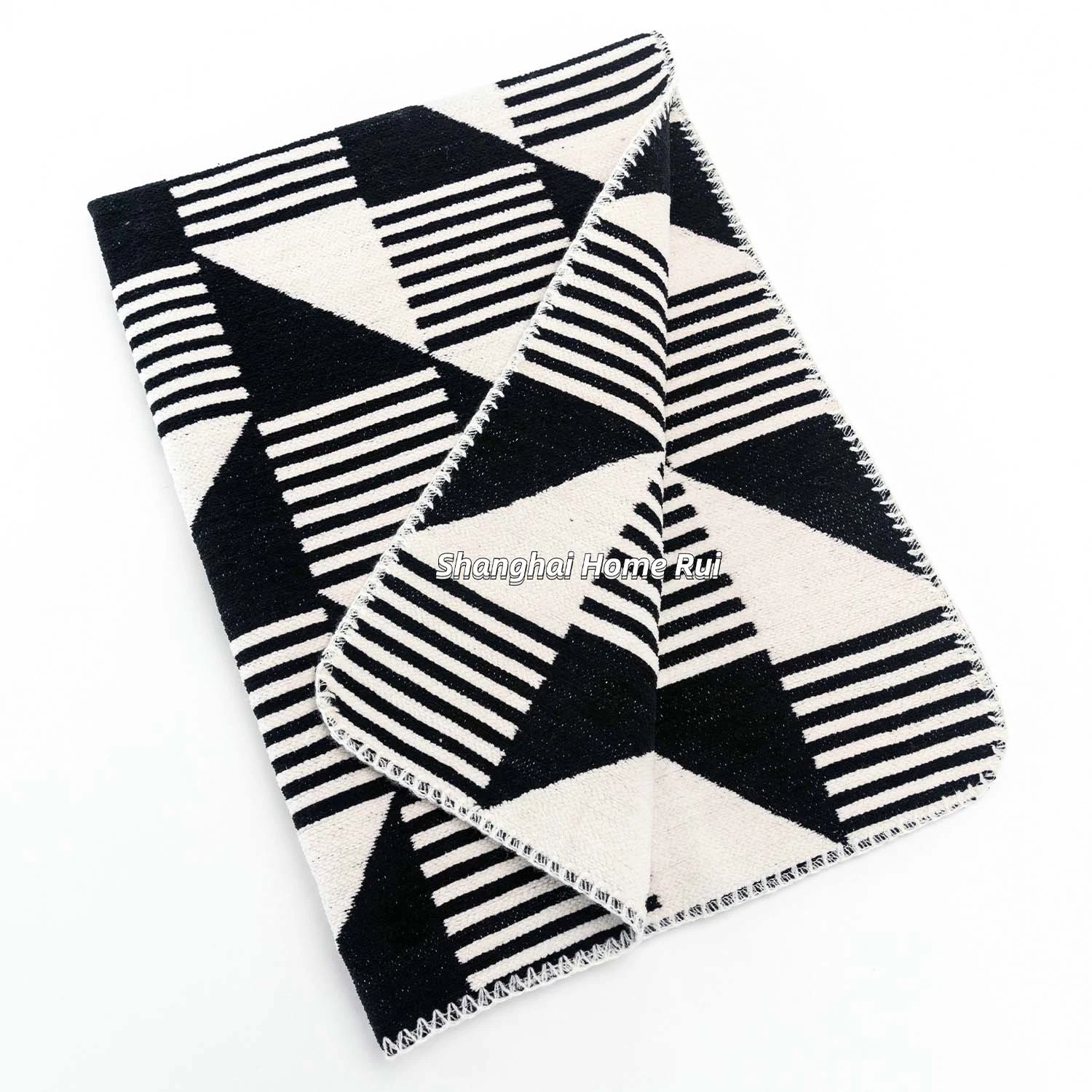 Home Outdoor Travel Bed Sofa Car Soft Warm Kids Baby Black White Over Locked Edge Woven Jacquard Geometric Striped Throw Blanket Cover