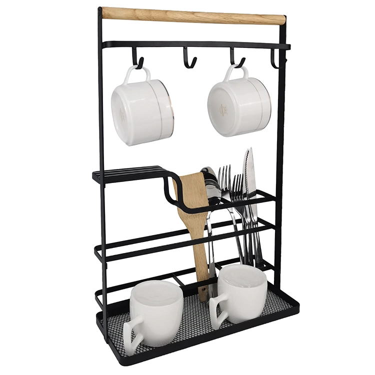 Kitchen Storage Cutlery Rack Cooking Utensils Holder Standing Metal and Wood Kitchen Organizer