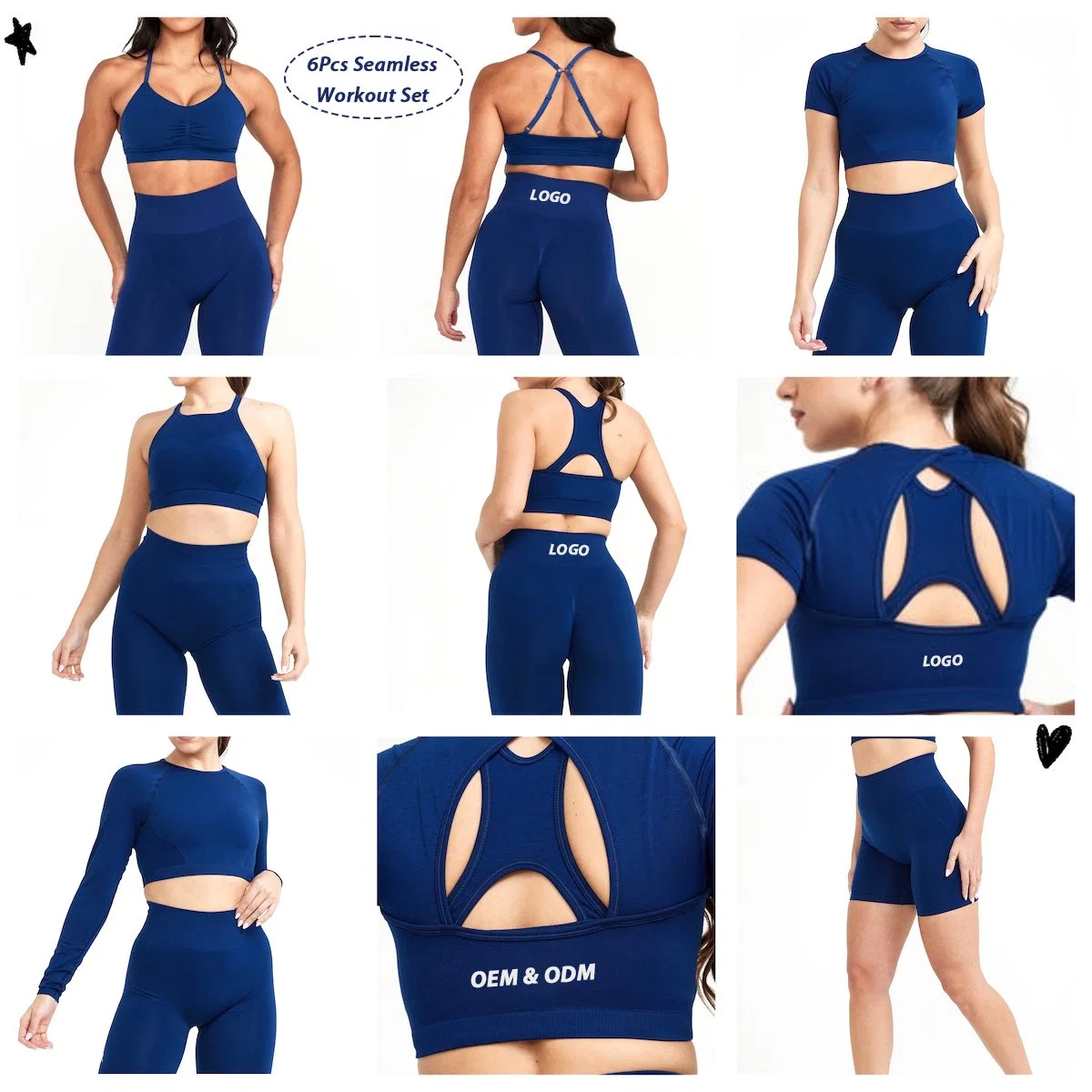 Wholesale 6 Piece Exqusite Sexy Open Back Seamless Yoga Workout Clothes for Women, Custom Gym Bra + Crop Top + Running Shorts + Leggings Quality Activewear Set