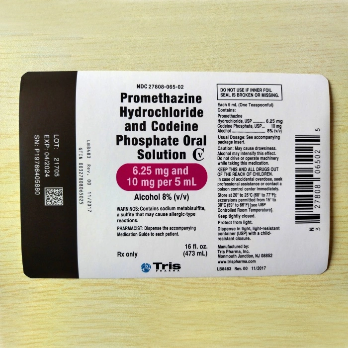 Etiquette d'autocollant Tris Promethazine Hydrochloride et Codeine phosphate avec QR Code