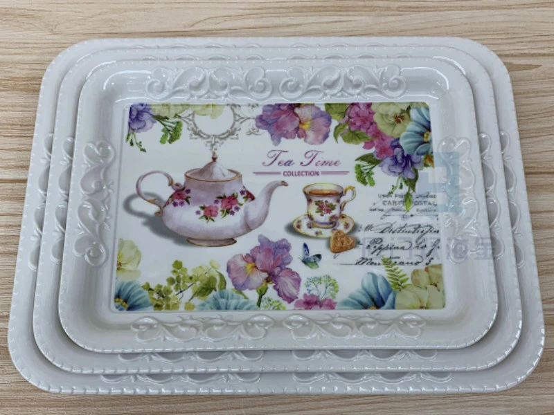 Custom Printed Melamine Rectangle Plastic Food Serving Tray Flower Design