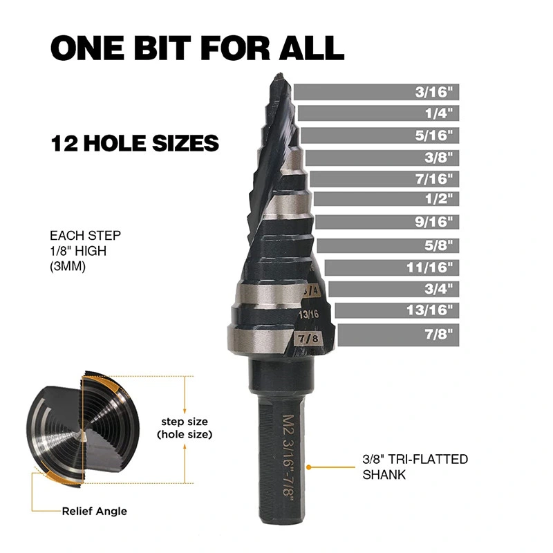 3/16 bis 7/8 Zoll Stufenbohrer, m2 HSS Spiralbohrer mit Rillen für Edelstahl