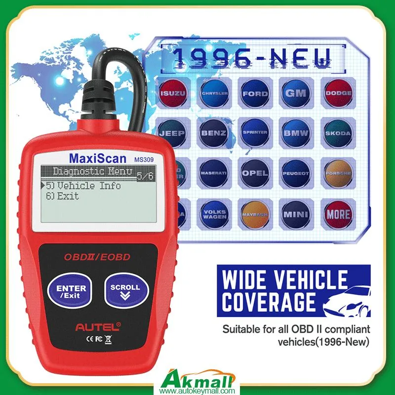 Autel Maxiscan Ms309 Scanner OBD2 Herramienta de diagnóstico de revisar el motor de coche, lector de códigos de lectura y borrado de códigos DTC Datos del bastidor, apague la luz Check Engine