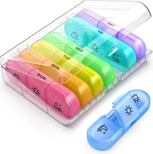 Pastilla de plástico transparente Estuche contenedor Organizador 21 compartimentos Color Arco Iris de Medicina de la píldora de verificación