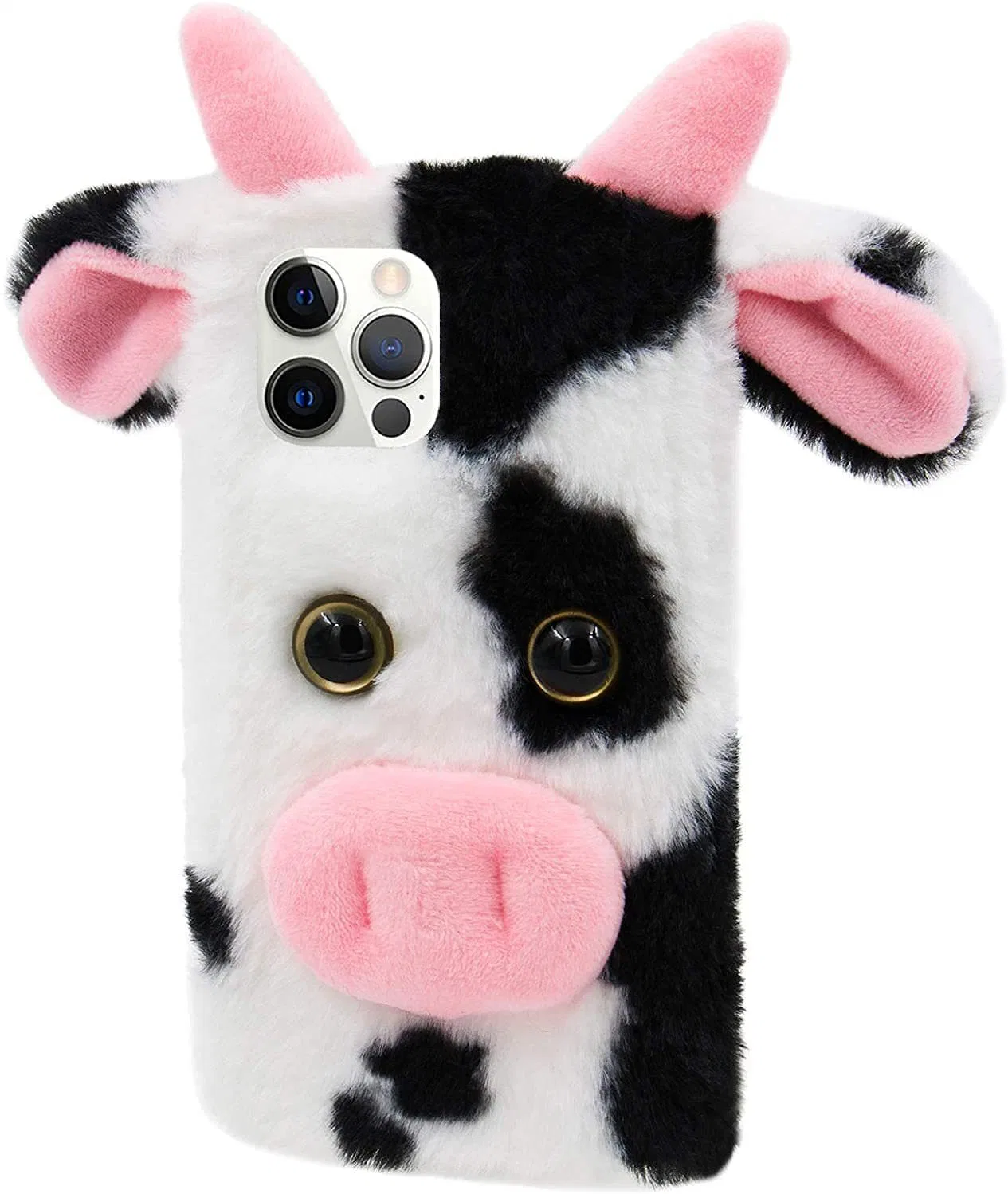 Plush Mobile Phone Case Cow Piglet Protective Cover, Cartoon Animal Faux Fur Shell Plush Shockproof Back Cover