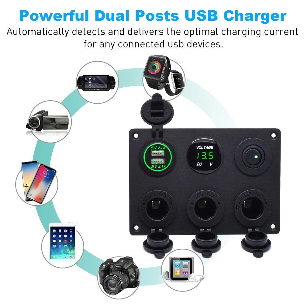 6 Hole Aluminum Automotive Panel with Dual USB Socket, Voltmeter, Power Socket and Toggle Switch