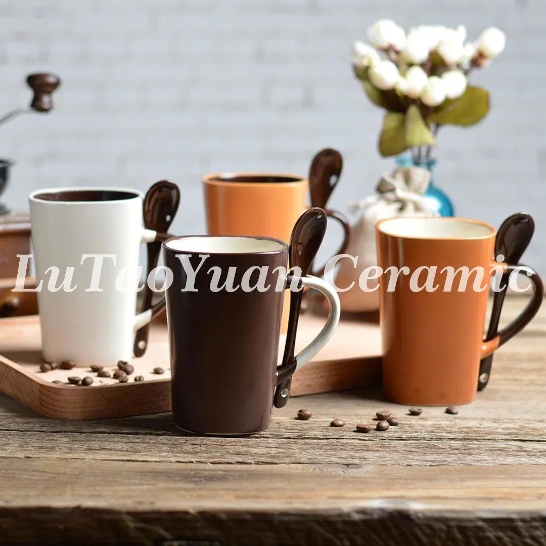 Ceramic Mug Porcelain Dinnerware Pure Glazed Cup with Spoon Teaset Kitchen Utensils Decoration with Customized Color Pattern Logo and Design