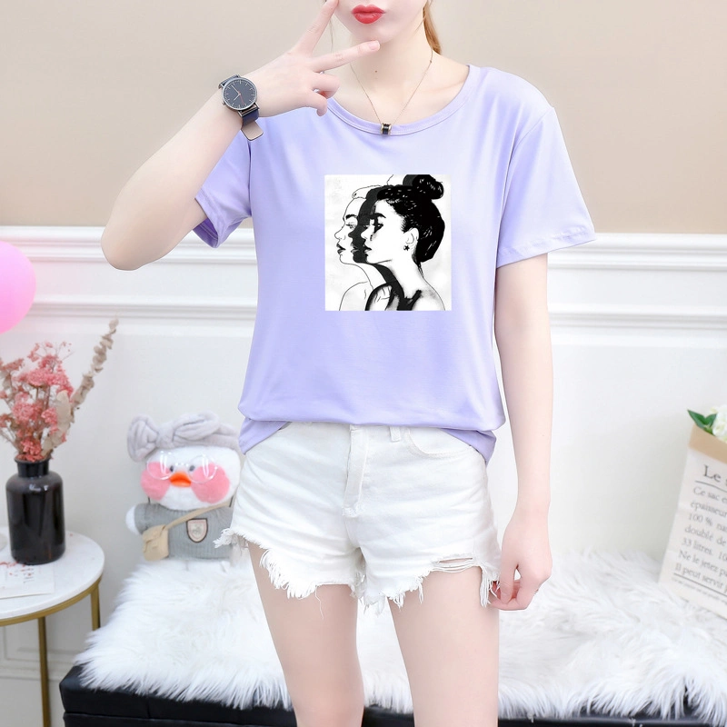 Neue Mode T-Shirt Frau Frühling Sommer Mädchen Print Short Ärmel O-Ausschnitt Baumwolle Spandex Frauen Top Slim Fit weich Damen-T-Shirt