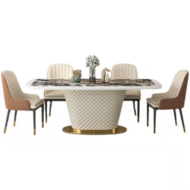 Leather Mix with Stainless Steel Table Base Marble Top Dining Table