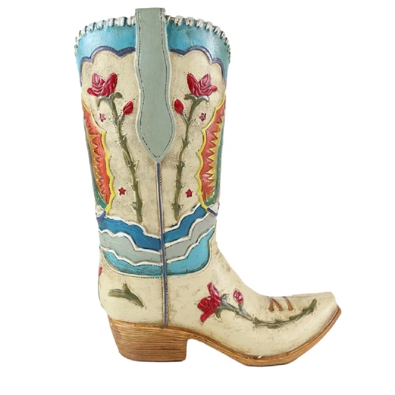 Botte de cowboy en céramique bleue et blanche peinte à la main à motif fleur Vase planter