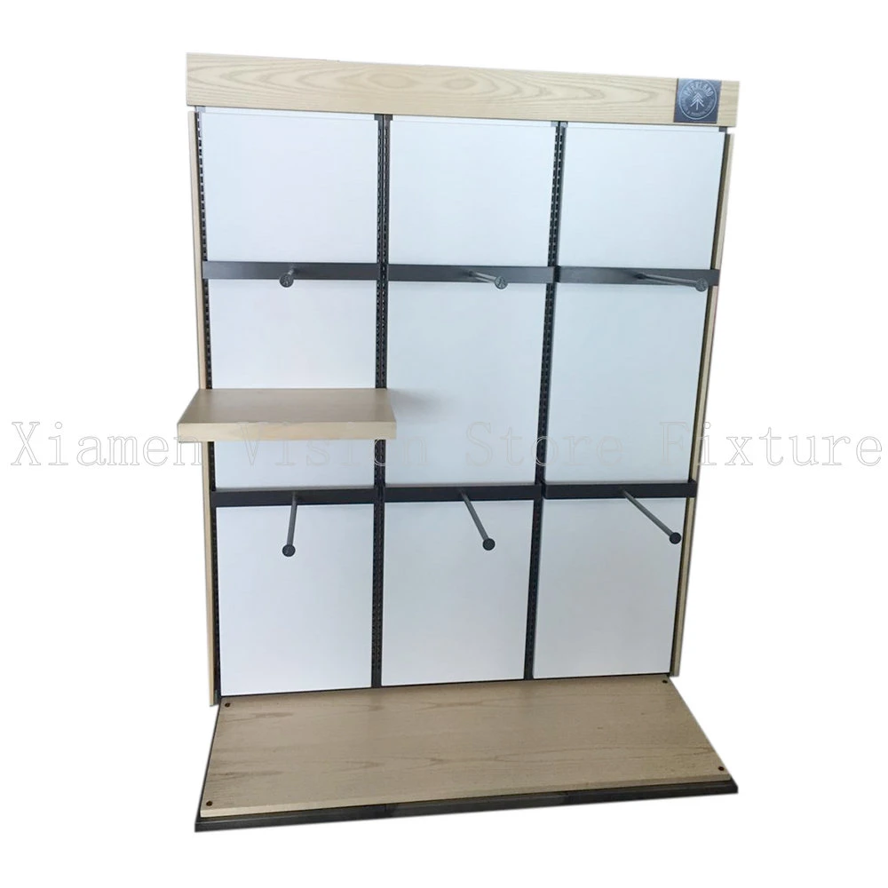 Customized Size Wooden Display Rack Metal Hang Hook Shelf Wooden Base