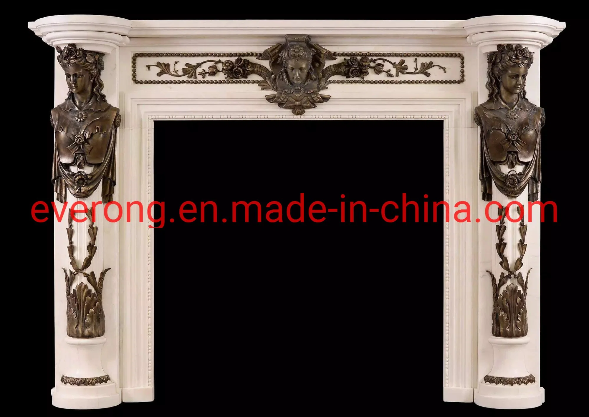 White Electric Fireplace Marble Mantel Fireplace with Bronze Statues Casting