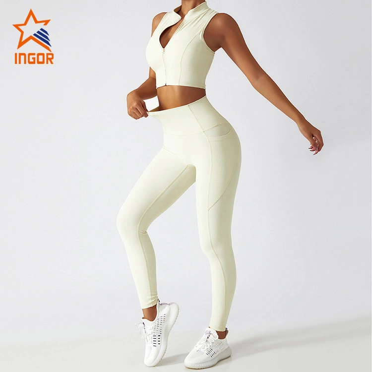 Ingor Sportswear Women Ribbed High Impact Vest & Pocket Legging Pants Set Yoga Running Gym Sports Wear