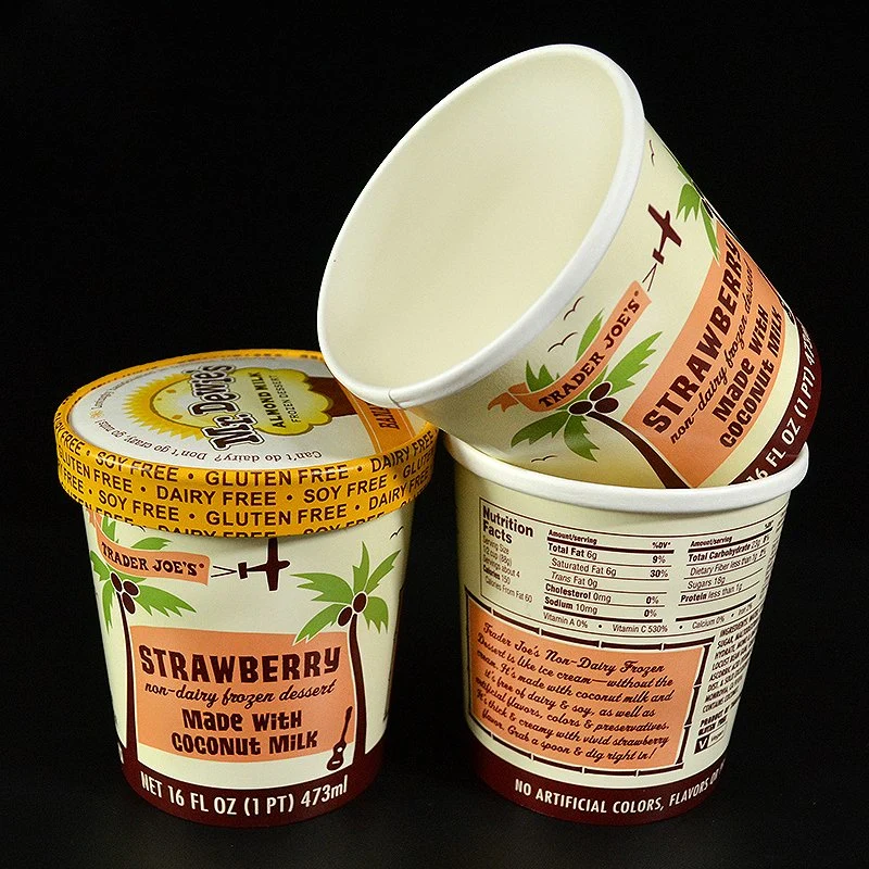 Custom Logo Printed Disposable Biodegradable Paper Ice Cream Cups 16oz with Spoons