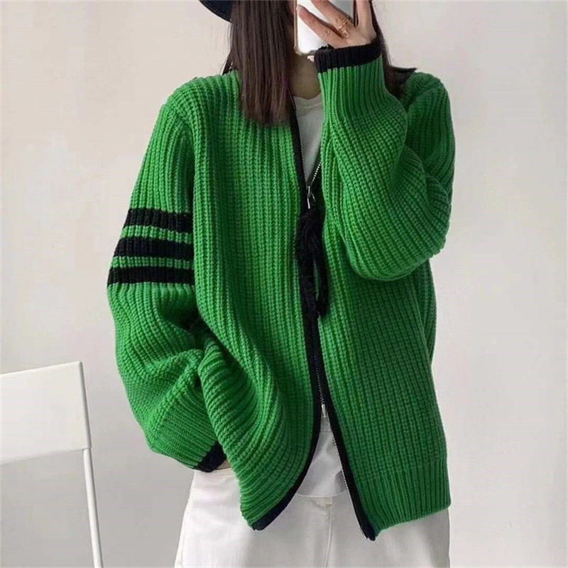 Double Zipper Knitted Coat Female 2023 Contrasting Color Stripe Stitching Loose and Thin Stand-up Collar Knitted Cardigan Outside to Put on Top