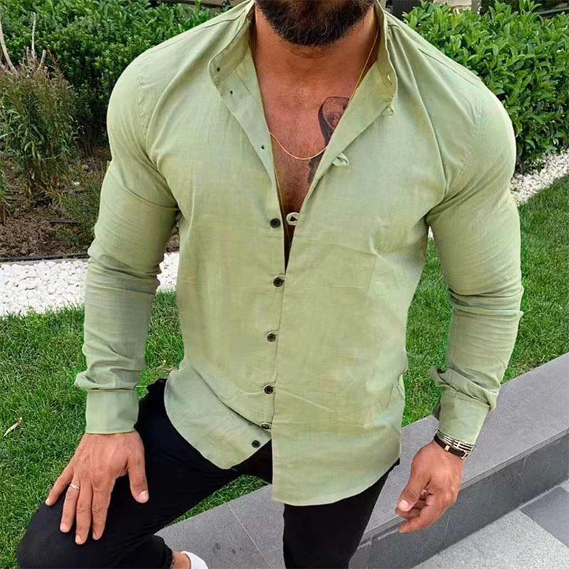 OEM Long Sleeve Button Stand Collar Men's Cotton Linen Shirt Button Casual Top