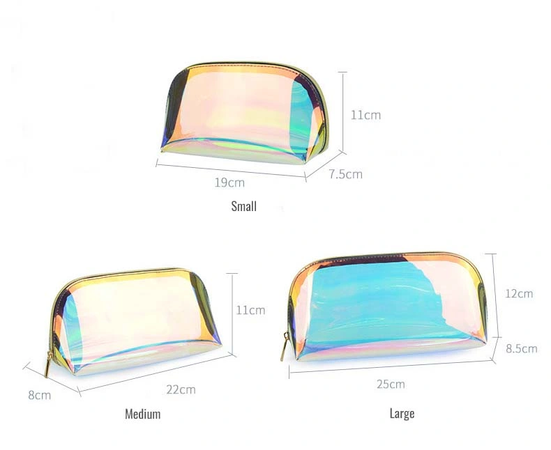 Clear PVC Fashion Cosmetic Pouch Zipper Bag Holographic Toiletry Custom Makeup Brush Bag Rainbow Effect PVC Packing Bags