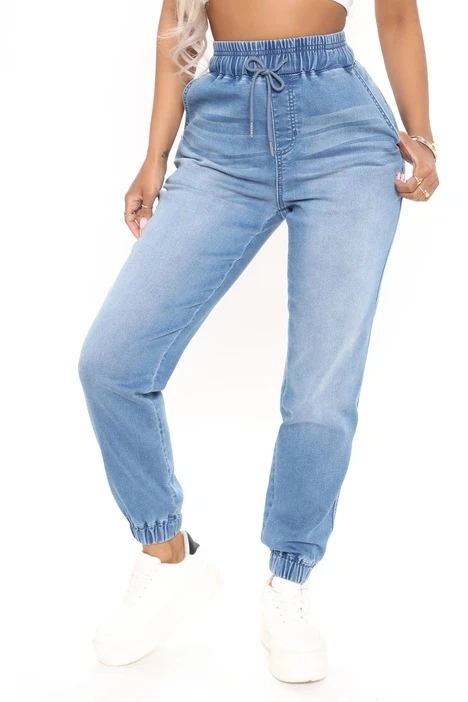 High Waisted Scratch Holes Non-Stretch Quality Elastane Bottom Hem New Fashion Lady Jeans Light-Blue Fit Jeans Haren Pants