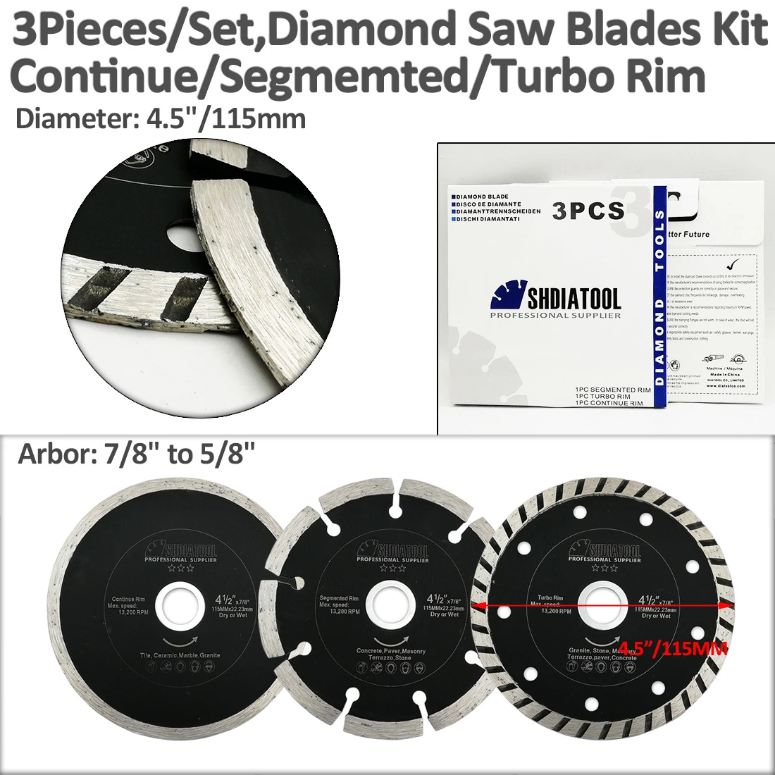 3pieces/Set Diamant-Sägeblätter-Kit Weiter/segmentiert/Turbo-Felge