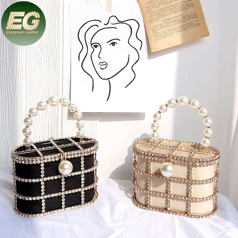 Eb1415 Wedding Party Prom Crystal Clutch Bags Rhinestone Metal Bucket Purse Chic Women Basket Alloy Cage Pearl Bag