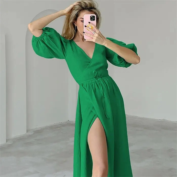 Solid Long Skirt Cotton High-Waisted A-Line Dress Women's Split Dress Woman Casual