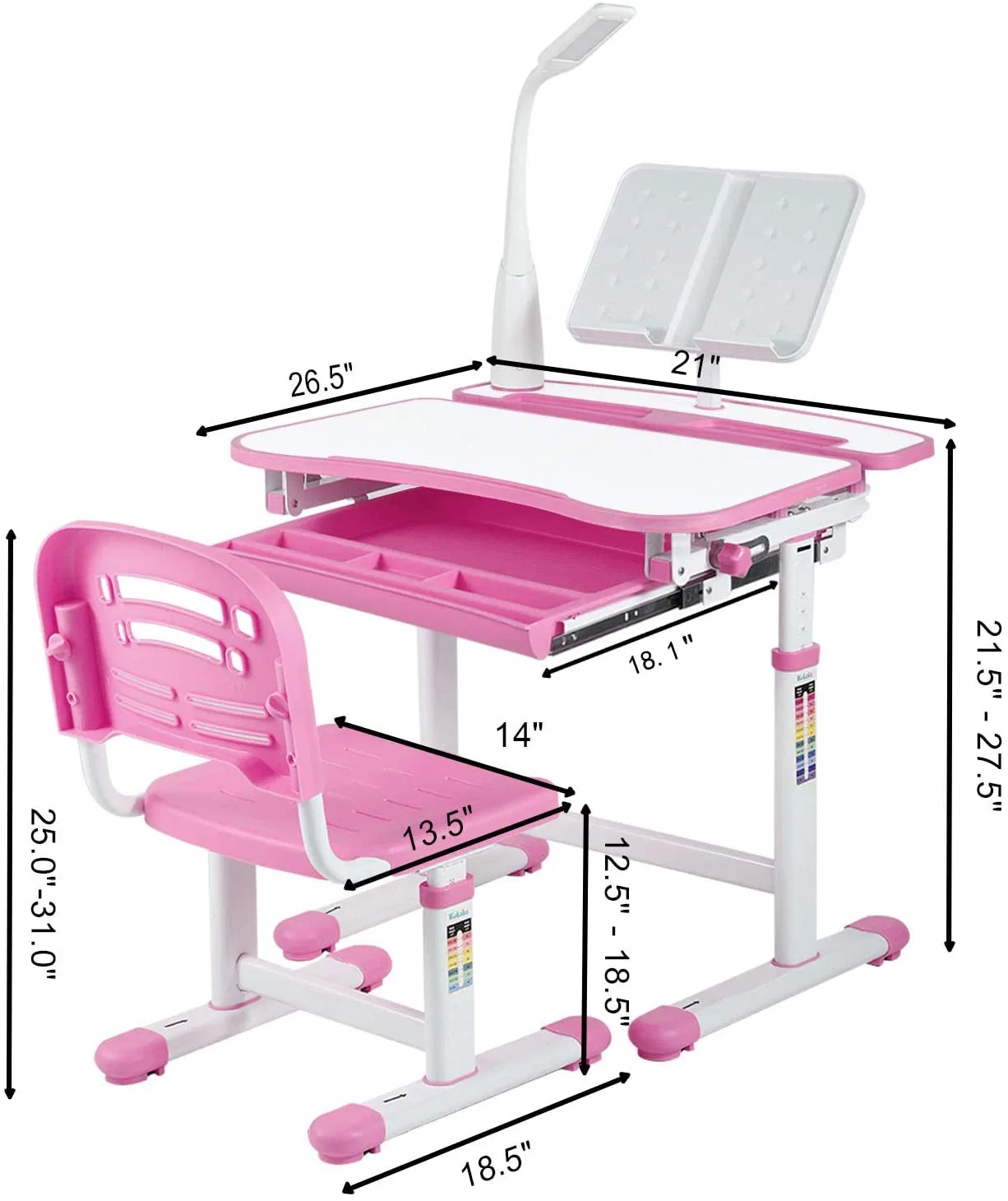 Kids Functional Desk and Chair Set Height Adjustable School Children Study Table with Light