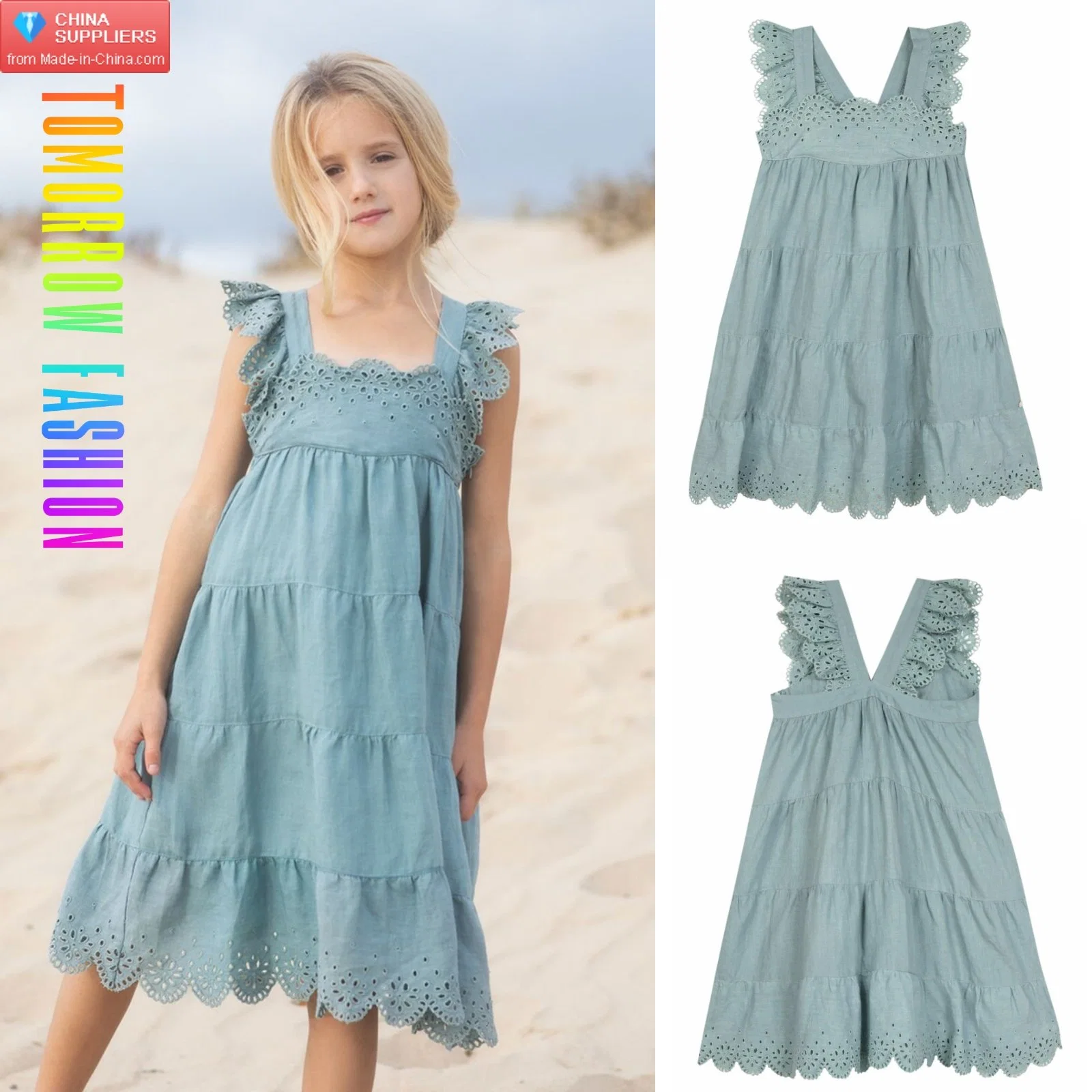 High Quality Custom Wholesale Big Kids Wear Apparel Vendor Designers Summer Children Girl Clothing Kids Lace Clothes Girls Dress with Ruffles Embroidery