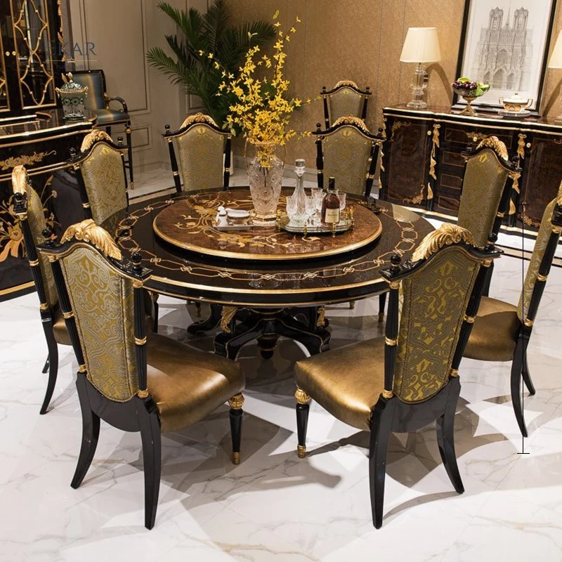 Classic Luxury Dining Room Suites Veneer Countertop Wooden Rotating Round Dining Table and Chair Set