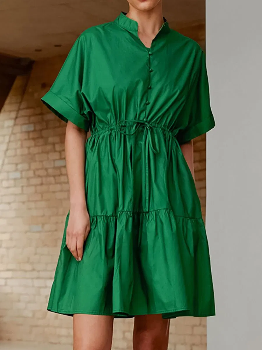 Women Standing Collar Short Sleeved Green A Line Dress Button Down Shirt Dresses for Women