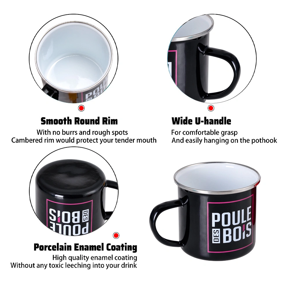 Commerce de gros 12 oz Outdoor Camping Mug Tasse de voyage de l'émail bouche la bordure en acier inoxydable modèle personnalisé ou un logo peut pendre