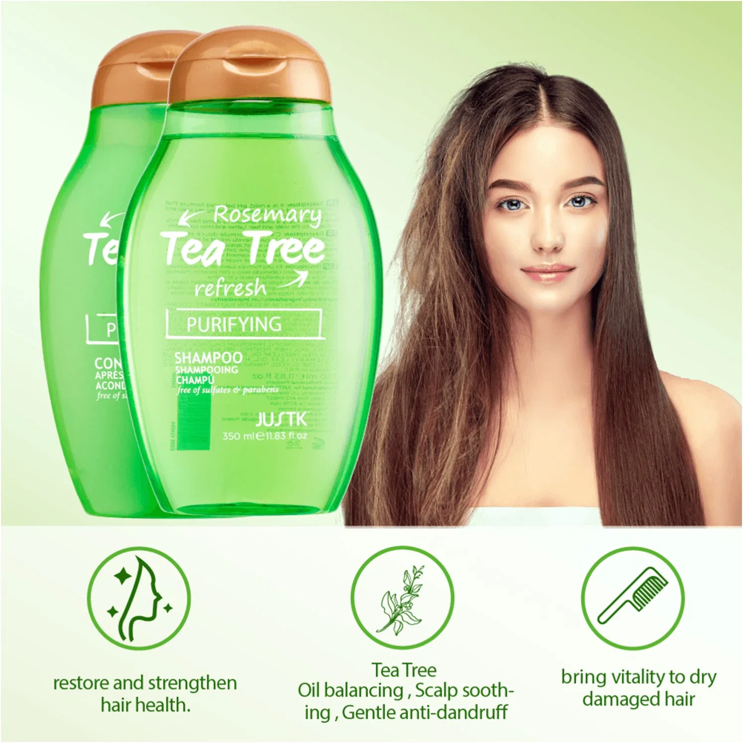 Justk Soins des cheveux Shampooing anti-perte de cheveux Huile d'arbre à thé de romarin organiques shampooing sulfate Shampooing gratuit