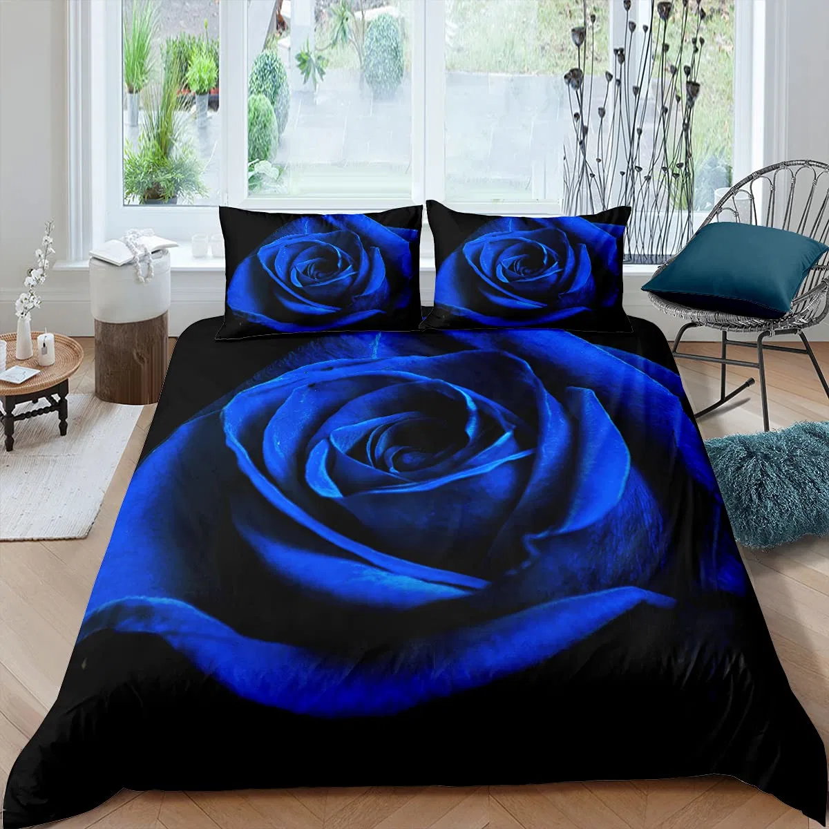 Valentine's Day Blue Rose Flower Bedding Set - Queen Size 3 Piece Romantic 3D Printed Duvet Cover Set with Cotton Cover and 2 Pillow Covers