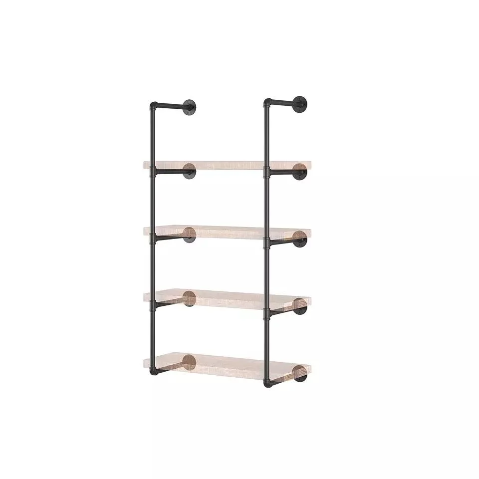 4-Tier Mounted Hanging DIY Metal Shelve Bracket Wooden Floating Wall Shelves with Industrial Pipe