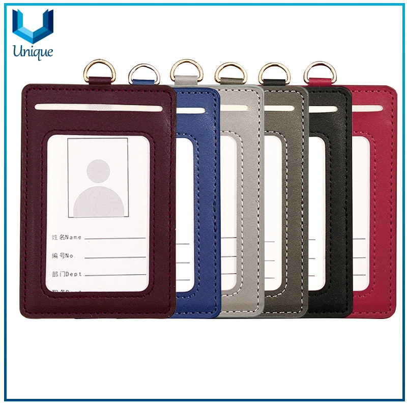 Wholesale Custom Fashionable PU Leather Name ID Card Badge Holder with Ribbon W/ Card Slot Function