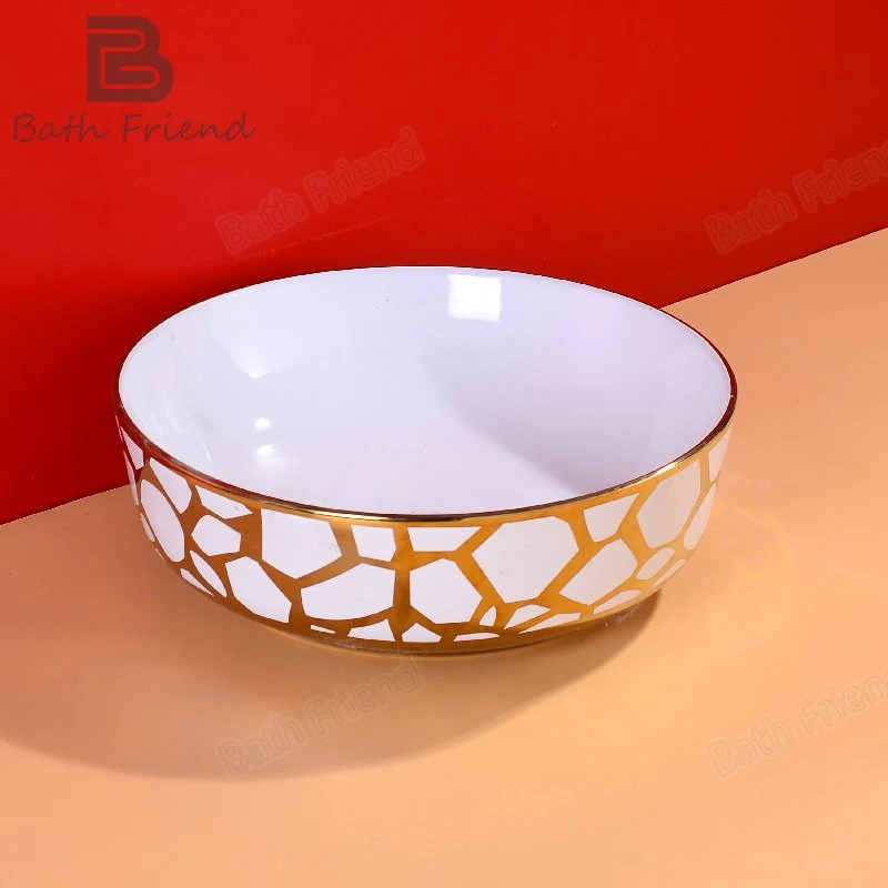 Chaozhou Printed Washing Basin Ceramic Pattern White Vessel Sink Bowl Round Face Basin Gold Sanitary Countertop Basin