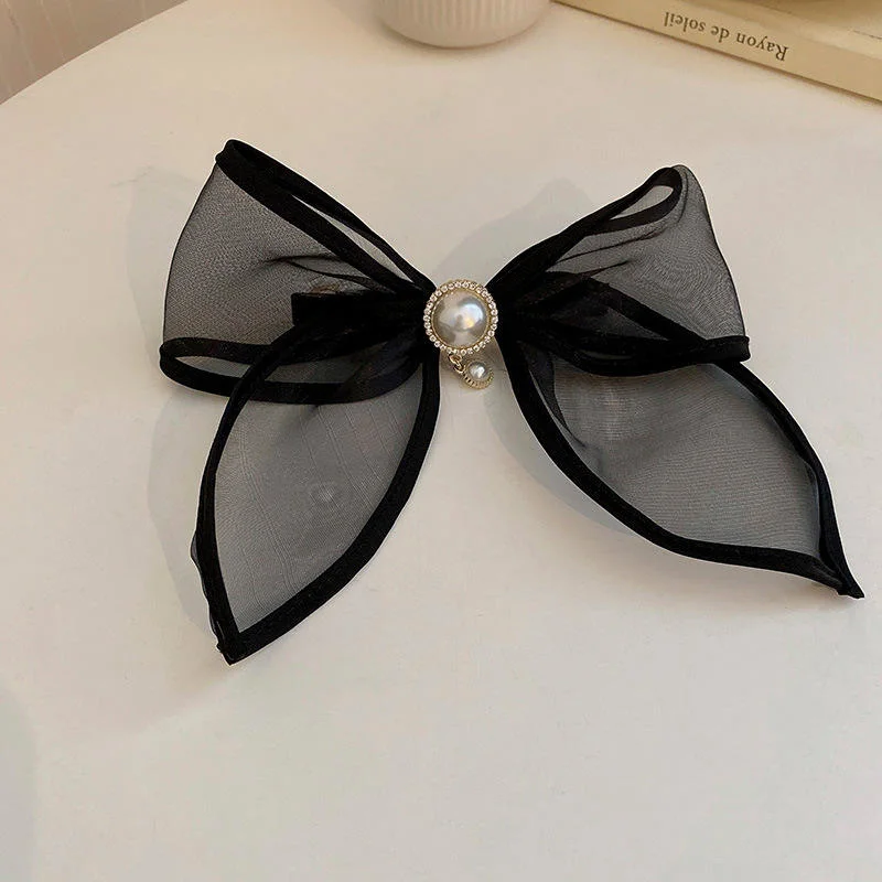 Fashion Black Fabric Hair Accessories Diamond-Studded Pearl Bow Hairpin