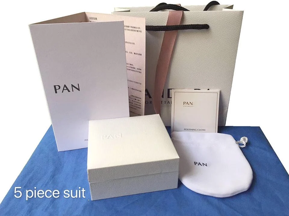 White Packing Box Five Piece Suit for Pandoraers Jewelry Box with Hand-Held Paper Bag, Velvet Cloth Bag, Silver Cloth